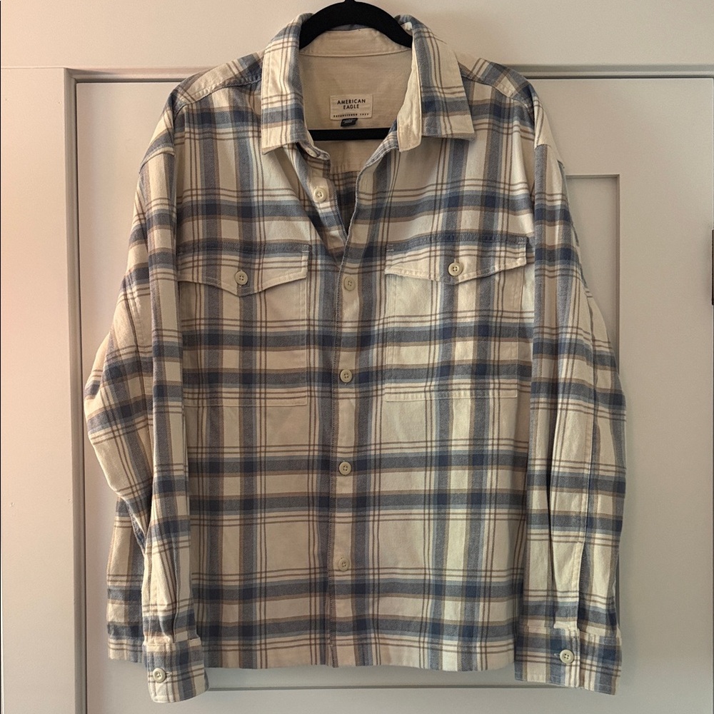 American Eagle Outfitters Cream & Blue Plaid Lightweight Shirt